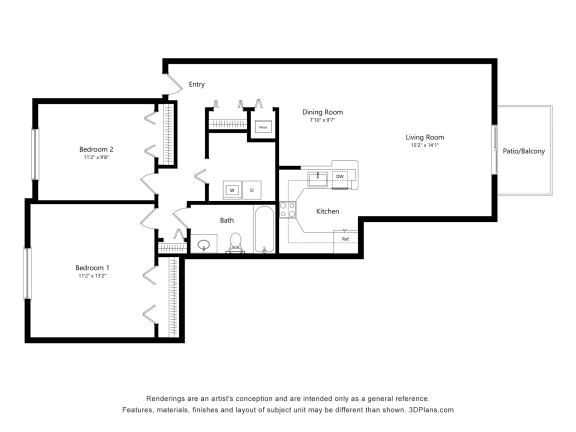 2 Bed 1 Bath Floor Plan at Portsmouth Apartments, Novi, MI