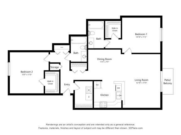 2 Bed 2 Bath Floor Plan at Prairie Lakes Apartments, Peoria, IL, 61615