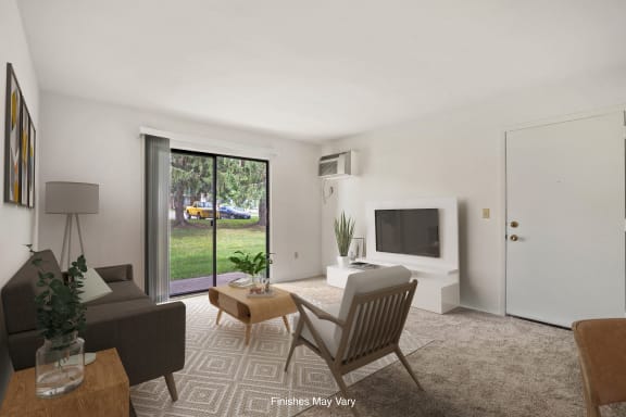 3d visualization of a living room with a view of the yard at Sycamore Creek Apartments, Michigan