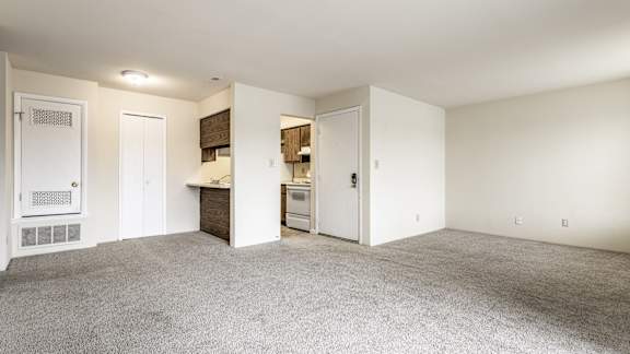 A spacious living room with a kitchenette in the background.