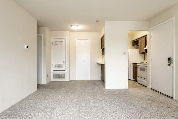 A white room with a carpeted floor and a kitchen area in the background.