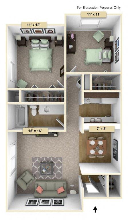 Redwood Two Bedroom Floor Plan at Perry Place, Grand Blanc, MI