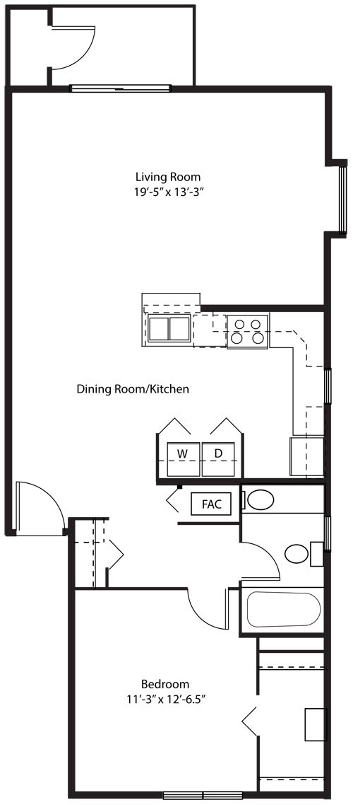 One bedroom end 2D floor plan at Green Ridge Apartments, Grand Rapids, Michigan