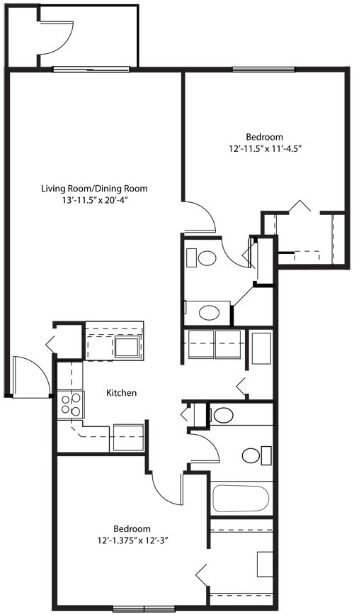 Two bedroom 2D floor plan at Green Ridge Apartments, Grand Rapids, Michigan