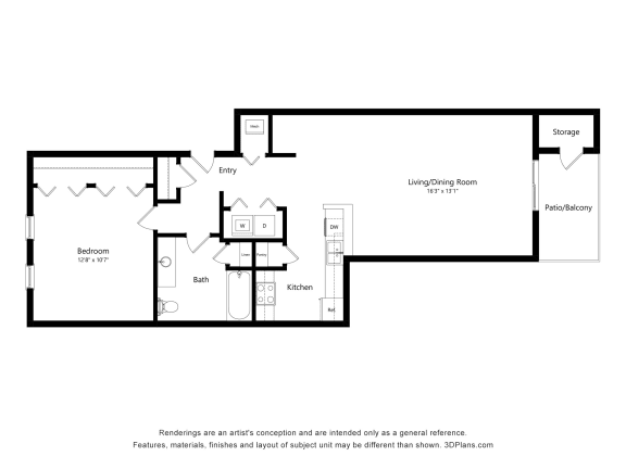 1 Bed 1 Bath Floor Plan at River Hills Apartments, Fond du Lac, 54937