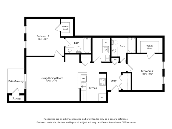 2 Bed 2 Bath Floor Plan at River Hills Apartments, Fond du Lac, Wisconsin