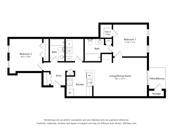 2 Bedroom 2 Bath Floor Plan at River Hills Apartments, Fond du Lac