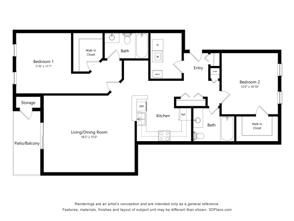 2 Bedroom 2 Bathroom Floor Plan at River Hills Apartments, Wisconsin