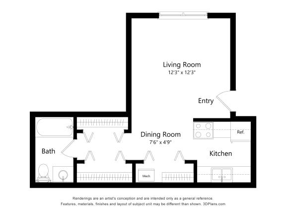 Studio Floor Plan at Rivers Edge Apartments, Michigan, 48327