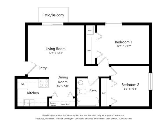 2 Bedroom Floor Plan at Rivers Edge Apartments, Waterford Twp, MI