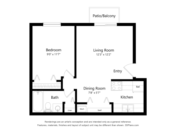 1 Bedroom Floor Plan at Rivers Edge Apartments, Waterford Twp, MI, 48327