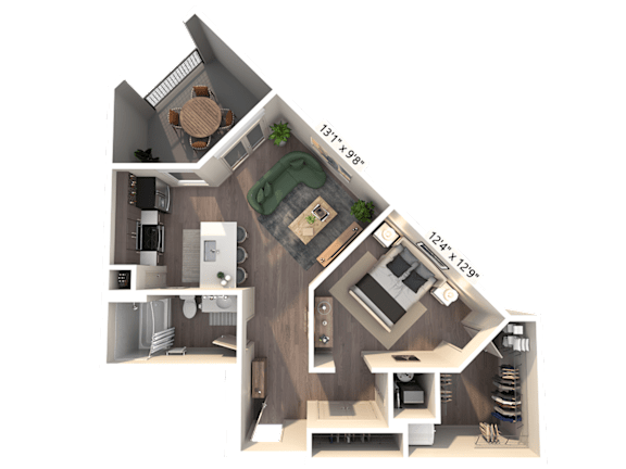 A 3D floor plan of the S1 studio floor plan at Avant Apartments