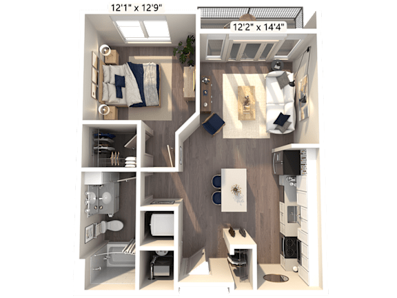 A 3D floor plan of a studio apartment with a kitchen, living room, and bathroom