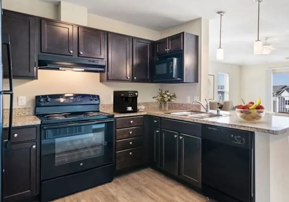 A modern kitchen with black cabinets and appliances.