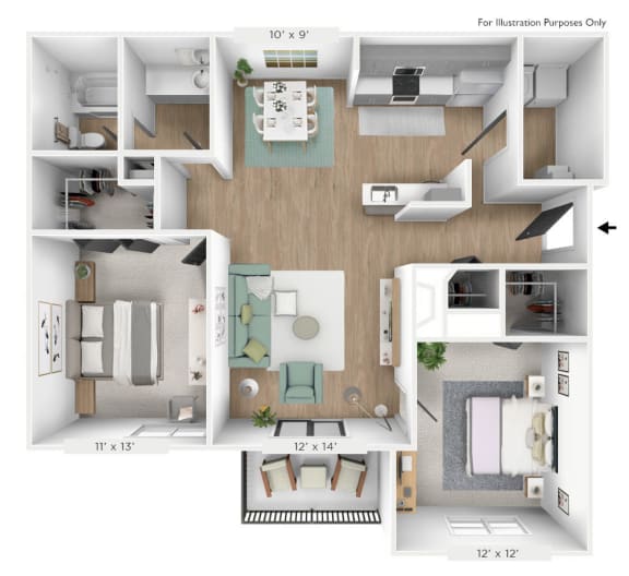 2 bedroom 1 bathroom Floor plan A at Sundance Apartments, Indianapolis, 46237