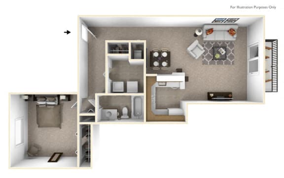 1-Bed/1-Bath, Malva Floor Plan at The Springs Apartment Homes, Novi, MI, 48377