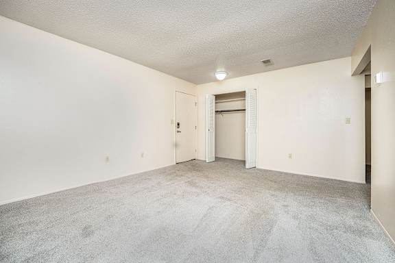 A living room with a carpeted floor and a closet at Seville Apartments, Kalamazoo, 49009