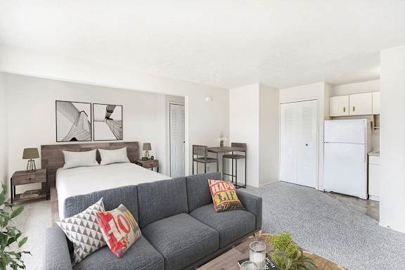 spacious studio living and kitchen areas at Seville Apartments in Kalamazoo, MI 49009