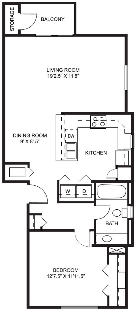 One bedroom end 2D floor plan at Signature Pointe Apartment Homes, Athens, Alabama