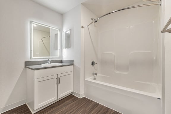 a bathroom with a shower/bathtub and a lighted mirror  at Signature Pointe Apartment Homes, Alabama, 35611
