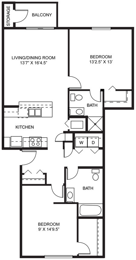 Signature Two Bedroom 2D Floor Plan at Stoney Pointe Apartment Homes in Wichita, KS