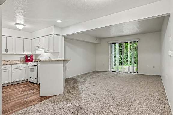 A white kitchen with a window and a carpeted floor.