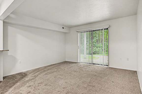 A room with a carpeted floor and a window with blinds.