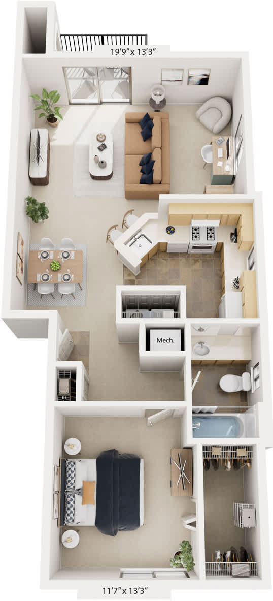 One Bedroom End 3D Floor Plan at South Bridge Apartments, Fort Wayne, 46816