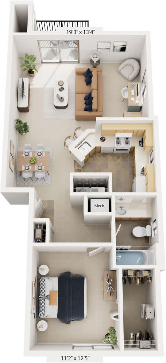 One Bedroom End 3D Floor Plan at South Bridge Apartments, Fort Wayne, 46816