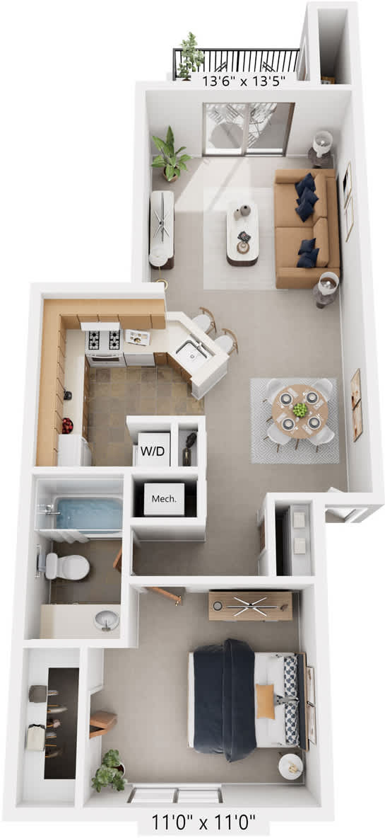 One Bedroom Stackable 3D Floor Plan at South Bridge Apartments, Fort Wayne, IN, 46816