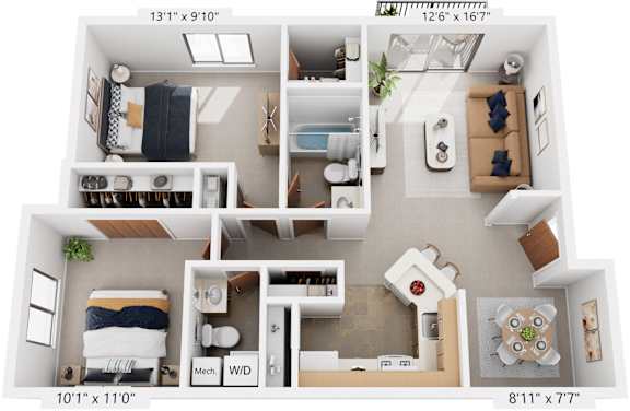 Two Bedroom, One & One-half Bath Seville 3D Floor Plan at South Bridge Apartments, Fort Wayne, IN, 46816