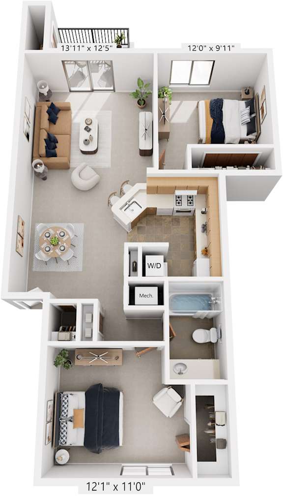 Two Bedroom, One Bath Stackable 3D Floor Plan at South Bridge Apartments, Fort Wayne, IN
