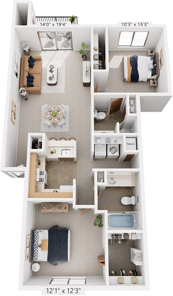 Two Bedroom, Two Bath Full-size 3D Floor Plan at South Bridge Apartments, Fort Wayne, Indiana