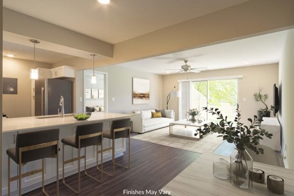 a 3d rendering of a kitchen and living room at Hillside Apartments, Wixom