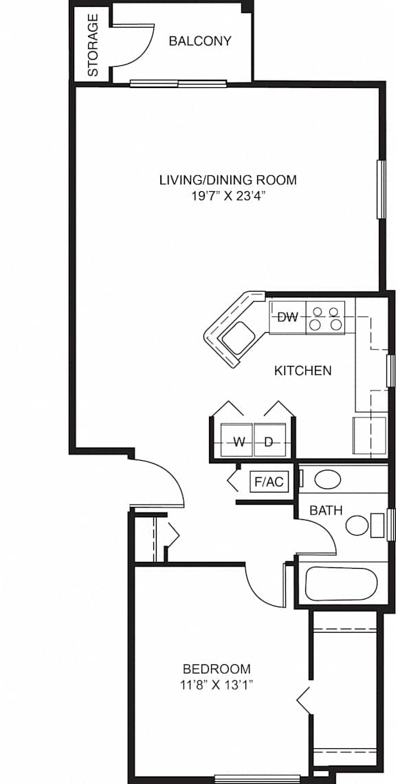 One Bedroom End 2D Floor Plan at Stoney Pointe Apartment Homes, Wichita, KS, 67226