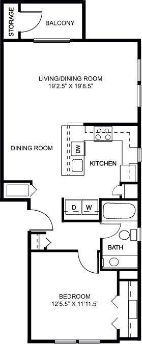 One bedroom end 2D floor plan at Strathmore Apartment Homes in West Des Moines, IA