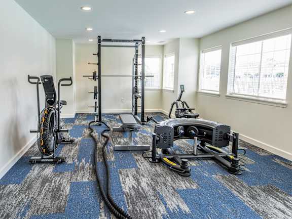 A home gym with a variety of equipment including a treadmill, rowing machine, and weights.