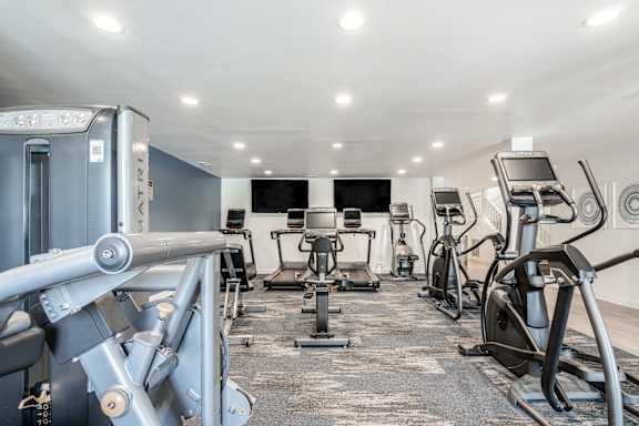 A gym with a variety of exercise equipment including treadmills, stationary bikes, and weight machines.