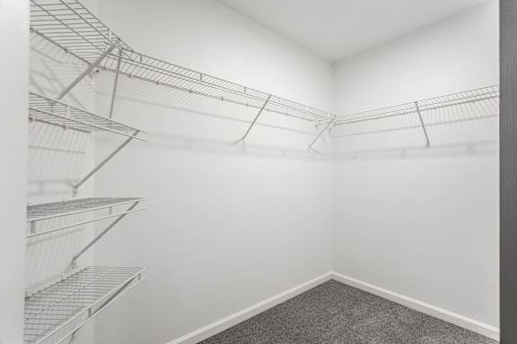 A room with a grey carpet and metal shelving units.