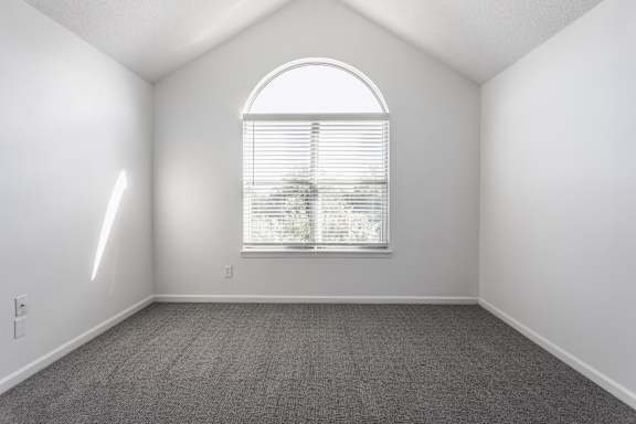 A room with a window and a carpeted floor.