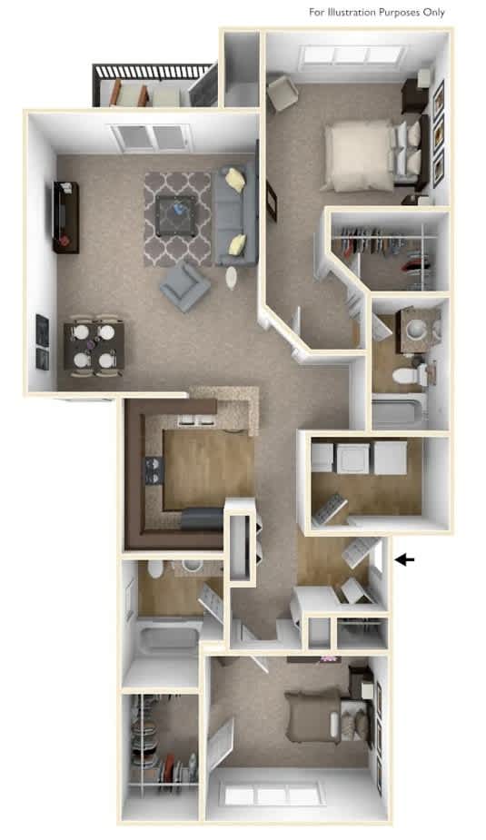 2 Bedroom 2 Bathroom Floor Plan at River Hills Apartments, Wisconsin