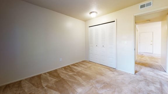 an empty bedroom with a closet and a door