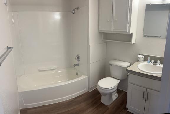 A white toilet sits next to a sink in a bathroom