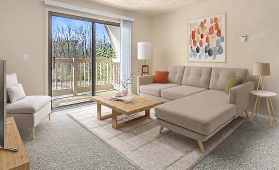 A living room with plush carpet and a slider to a balcony at Swiss Valley Apartments, Wyoming, MI