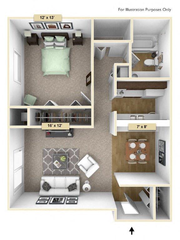Sycamore One Bedroom Floor Plan at Perry Place, Grand Blanc, 48439