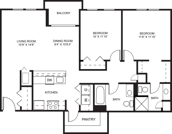Sycamore two bedroom 2D floor plan at Meadowbrooke Apartment Homes in Grand Rapids, MI 49512