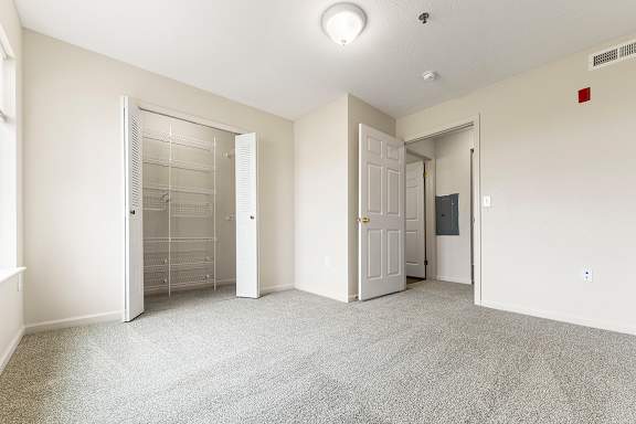 A bedroom with a carpeted floor and a walk-in closet at Tall Oaks Apartment Homes, Michigan, 49009
