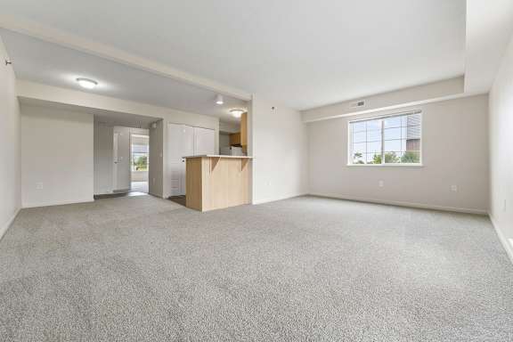 An enlarged, empty living room with a carpeted floor and a window at Tall Oaks Apartment Homes, Kalamazoo, MI