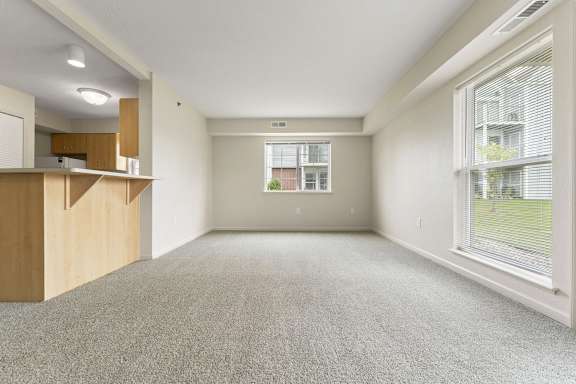 An end style living room with a carpeted floor and a window with blinds at Tall Oaks Apartment Homes, Kalamazoo, MI