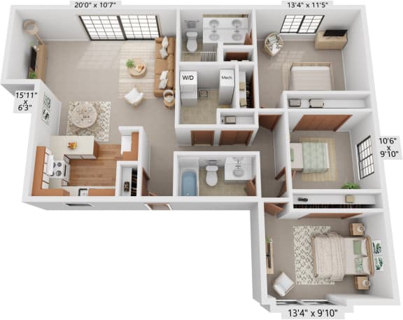 Three Bedroom Birchwood Deluxe Floor Plan at Tanglewood Apartments, Oak Creek
